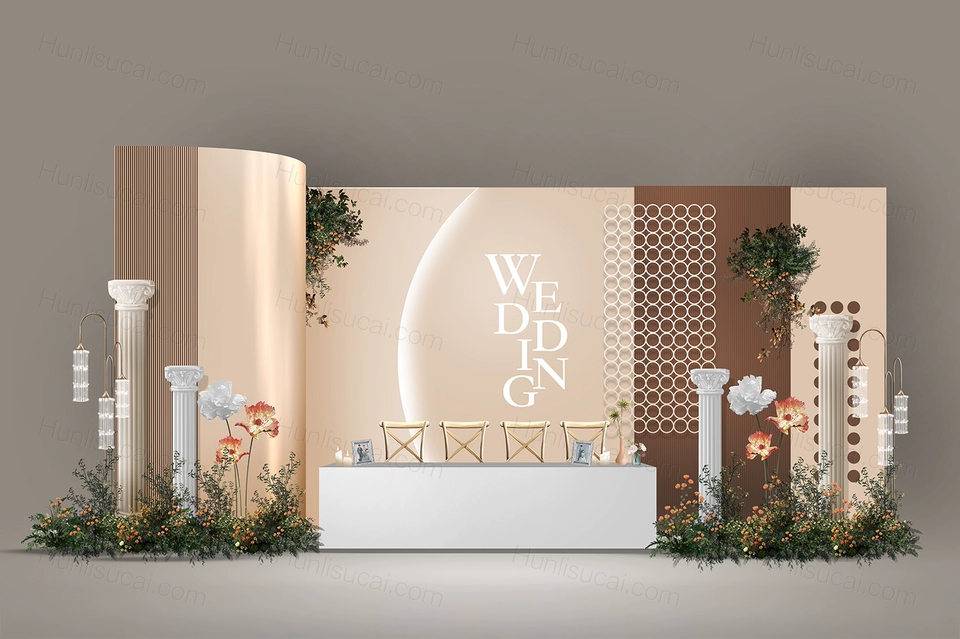 咖啡色香槟色婚礼设计效果图舞台展示区签到区背景方案素材psd-婚礼素材网