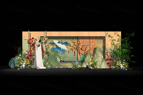 绿色青山国画背景国潮风格新中式古典喜庆婚礼设计效果图素材-婚礼素材网