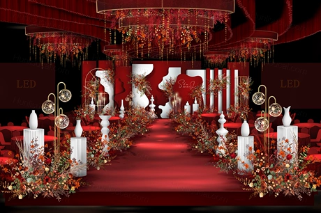 红白色高端侘寂风格泰式婚礼设计婚庆效果图舞台展示区背景素材-婚礼素材网