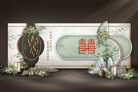 白绿色新中式古典风格高端婚礼设计效果图背景方案素材psd-婚礼素材网