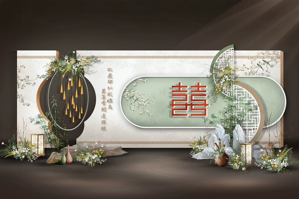白绿色新中式古典风格高端婚礼设计效果图背景方案素材psd-婚礼素材网