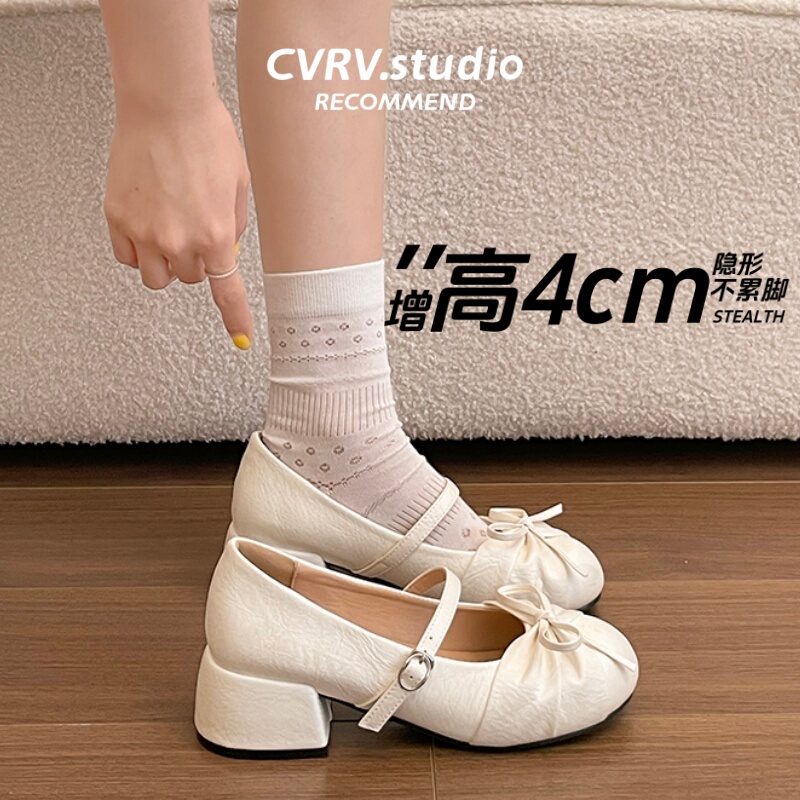 Bow-Knot Chunky Heel Elegant Ballet Flats for Women 2026 New Spring and Summer High Heels French Style with Skirt Mary Jane Shoes