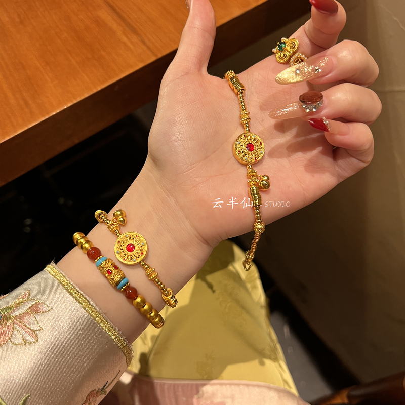Gold Store Same Style Eight-Treasure Compass Bracelet, New Chinese Style, Traditional Chinese New Year Fortune-Attracting Gourd Bracelet, Wedding Gift for Women