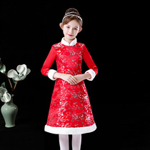 Chinese style girl cheongsam summer little girl New year dress red long sleeve childrens costume retro Tang dress red Spring