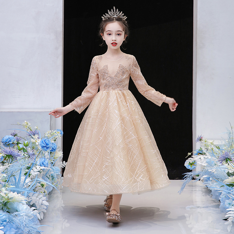 Golden Children's Dress Princess Pungbo Yarn 2021 New Birthday Host Flower Child Dress Female Spring Summer