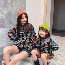 2021 New fried street parent-child Womens sweater jacket Autumn Winter print plus velvet thick long sleeve top tide