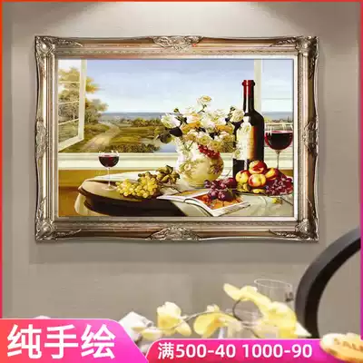 European style hand-painted oil painting porch decorative painting handmade aisle wine bottle flower painting classical Still Life fruit dining room hanging painting
