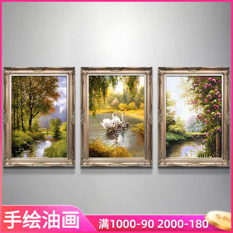 Eurostyle hand-painted oil painting triptych living-room decoration painting sofa background wall swan handmade landscape oil painting