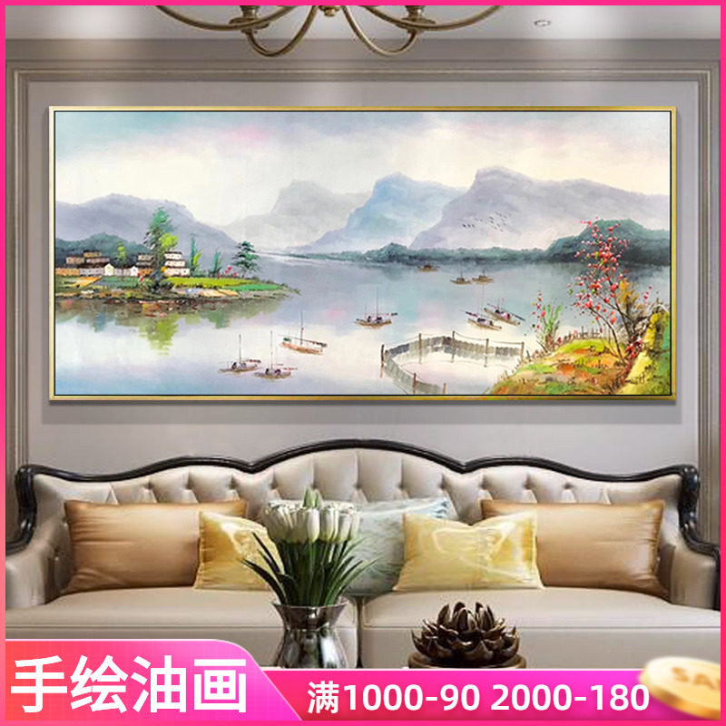 Hand painted oil painting Living room Modern minimalist sofa Background wall hanging painting duplex light lavish Nordic water and landscape landscape painting
