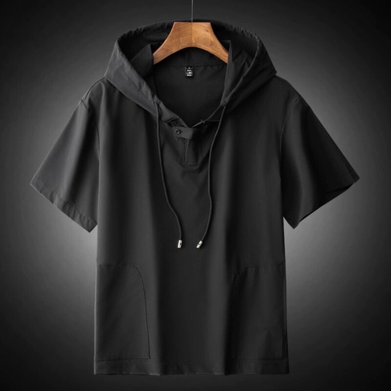 Ice Silk Short-Sleeved Shirt for Men, Summer Japanese Retro Sun Protection Windbreaker, Half-Sleeved Shirt, Hooded Pullover Half-Sleeved Jacket