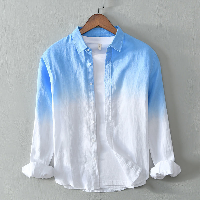Fresh Gradient Linen Shirt Men's Long-Sleeved Summer Casual Loose Breathable Beach Vacation Sun Protection Cotton and Linen Shirt