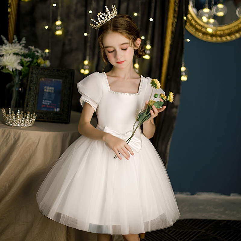 Girls dress summer high-end princess dress white flower girl catwalk children's little host piano performance costumes