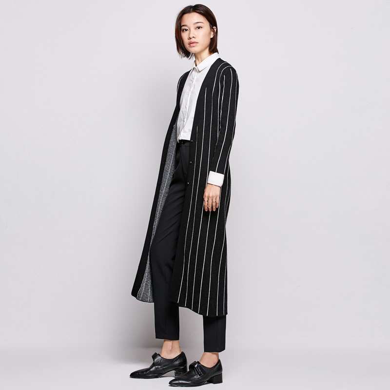 Outlets AMII giải phóng mặt bằng tối giản) của mùa xuân dress New Phụ nữ Jacket Hit-Stripe V-cổ dài Cardigan áo len