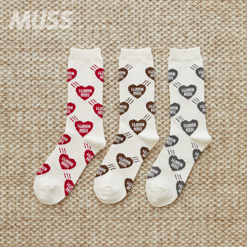 In Stock Human Made Heart Short Socks Japanese-Made Full-Print Heart Jacquard Casual Mid-Calf Socks