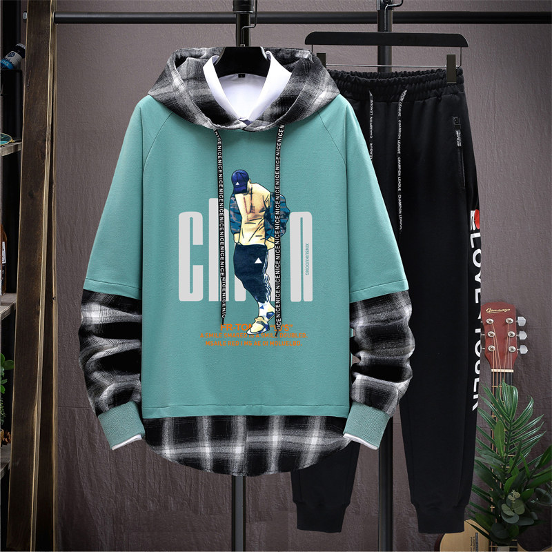Big boy long sleeve thick cotton T set teen 13 years old 15 autumn fat boy fake two clothes handsome boys autumn suit