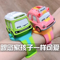 online popular childrens watch cartoon toy car boy and girl alloy car model baby bus sound photoelectric electronic watch