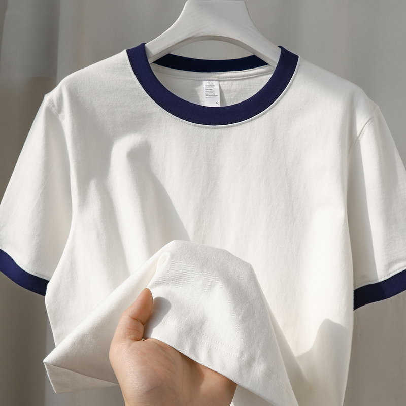 Vanilla White Navy Blue 270g Combed Cotton Solid Color Double-Needle Heavyweight Patchwork Color-Block Short-Sleeve T-Shirt for Men and Women