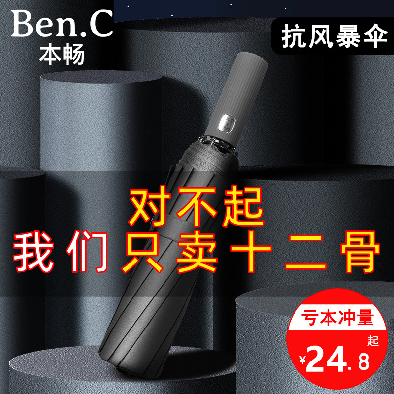 twelve-bone umbrella men's female folding fully automatic boy oversize reinforcement windproof vehicular dual-use student minimalist