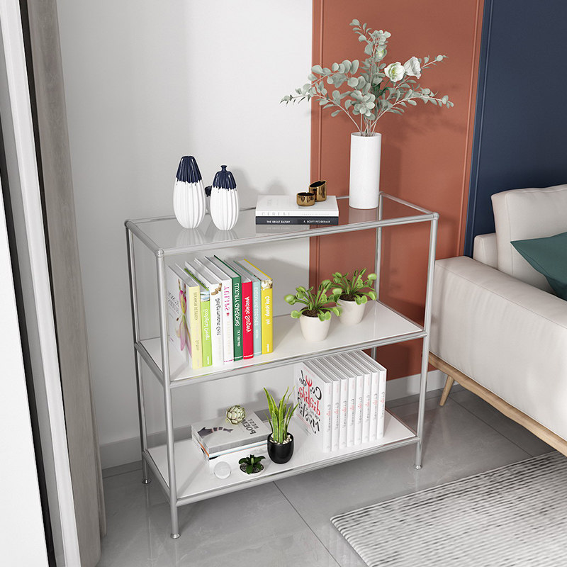 Nordic Ins Wind Metal Glass Show Shelf Light Extravagant minimalist Multilayer Stainless Steel Containing Cabinet Side Cabinet Display Shelf