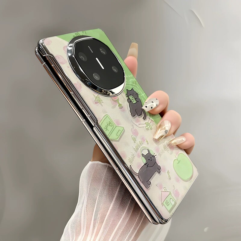 Suitable for Huawei Mate X6 Collector's Edition Phone Case, Women's Style, Fresh and High-End Feel, Silver Electroplated Graffiti Cat Design, Apple Leather Texture, X7 Anti-Drop, Full-Cover Hinge Protection Case, X5 Premium Shell
