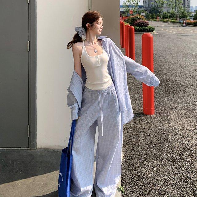 Korean-Style Summer Outfit: a Complete Set of Gentle Blue Plaid Shirt, Camisole, and Casual Pants Three-Piece Set