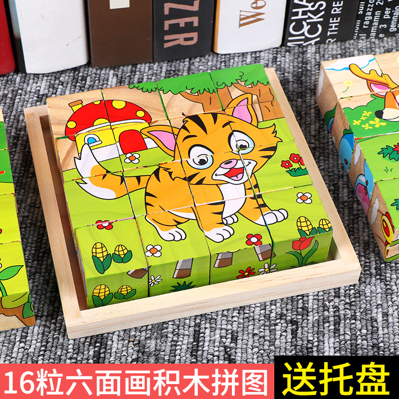 Woody Six Painted 16 Grain Jigsaw Children 3D Livolumetric wooden baby Early Childhood Puzzle Toy 3-4-5-6 years old