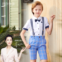Boys short-sleeved dress summer childrens middle and older childrens performance costume flower child wedding presenter catwalk piano plaid set