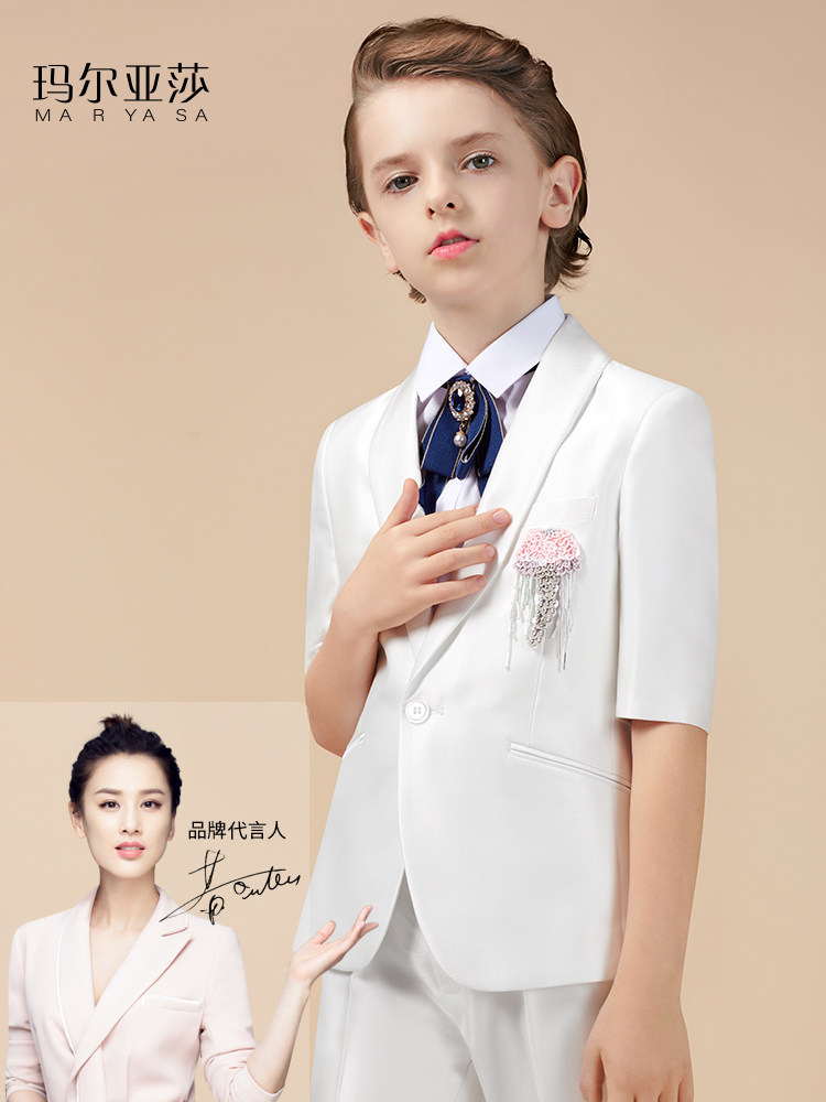 Boys' dress suit big children's summer short-sleeved catwalk piano performance costume flower girl suit wedding host suit