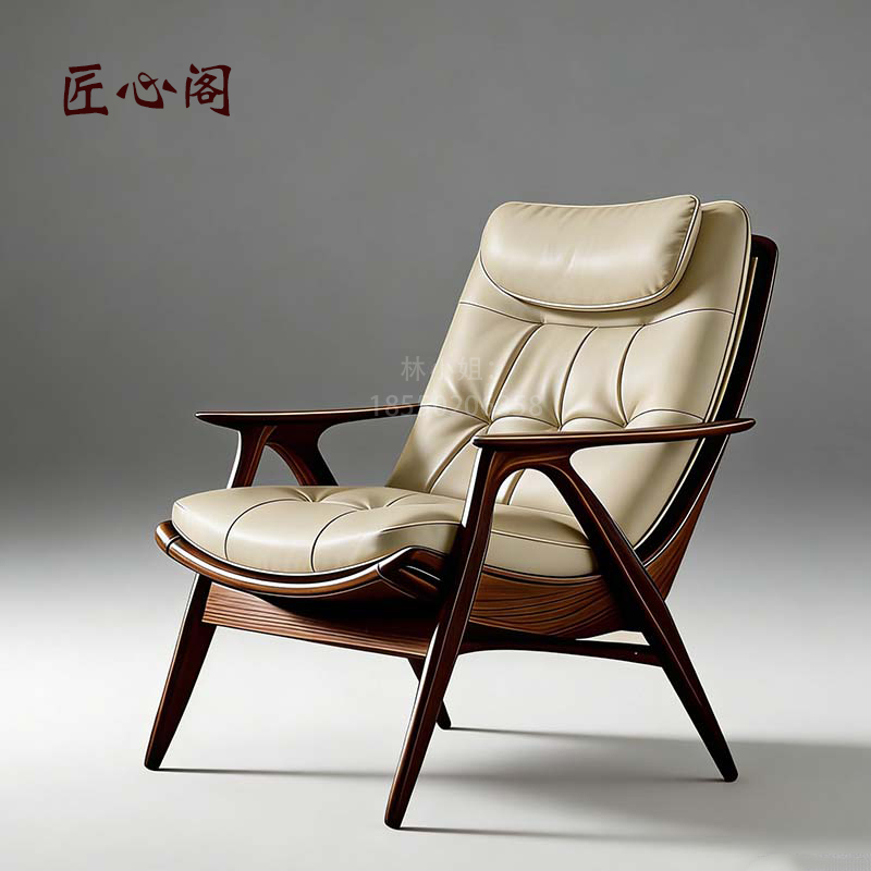Luxurious Quality Solid Wood Leather Single Sofa Chair, Leisure Lounge Chair, Living Room Balcony Lazy Chair