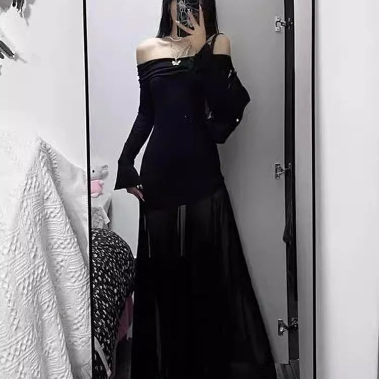 Black One-Shoulder Long-Sleeved Mesh Dress for Women, Early Autumn, High-End, Slim-Fitting, Hip-Hugging Fishtail Long Dress, Birthday Dress