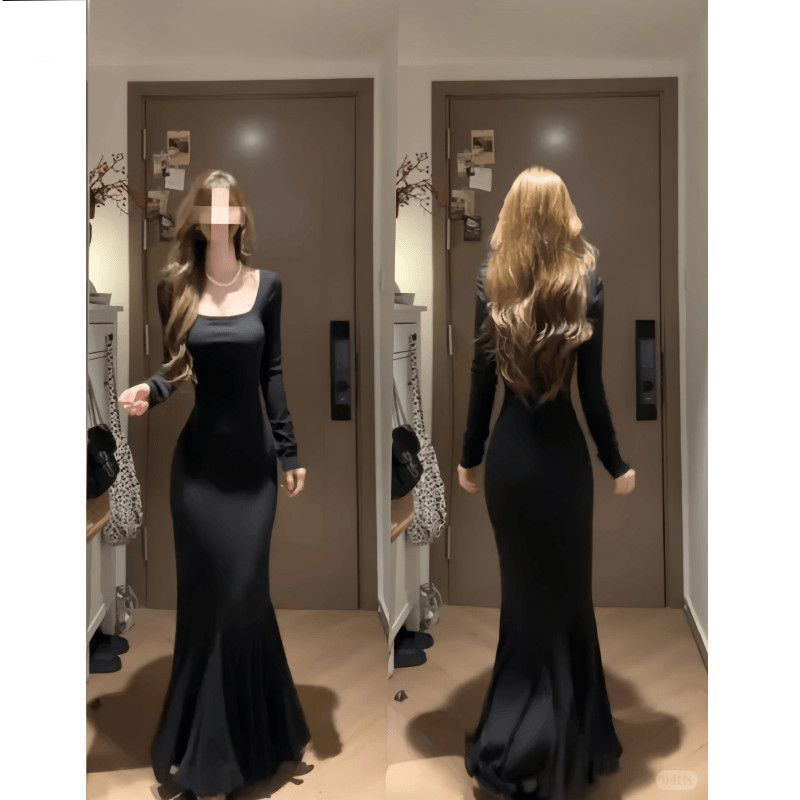 2025 Autumn/Winter Fleece-Lined Square-Neck Long-Sleeve Inner Layer, Very Stylish Black Bodycon Fishtail Long Dress, Outfit Dress