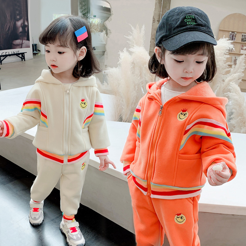 Net Red Girl Rainbow Sweatshirt Suit Thickened Children Spring Autumn Winter Clothing and Caps Two Sets of Baby Boomers
