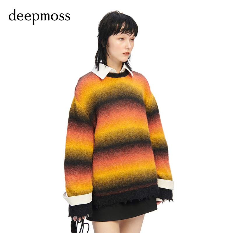 【Deepmoss】Women's Clothing with a Retro Design, Trendy Psychedelic Gradient Stripes, Knitted Patchwork Sleeves, and Frayed Edges Sweater