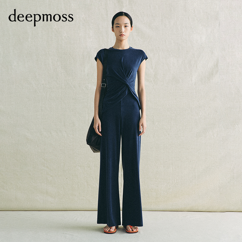 【Deepmoss】2026 Spring/Summer New Collection Copper Ammonia Fiber Smart Blue Feather Pleated Top and Pants Set