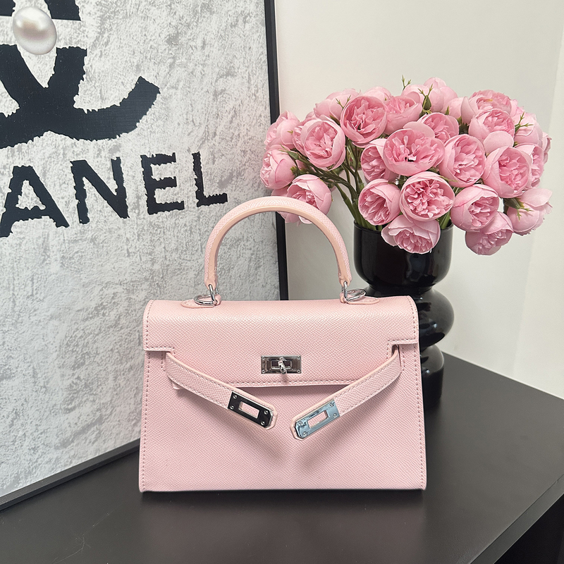 Second-Generation Pink Silver Buckle Kelly Bag, High-End Genuine Leather Women's Bag, Mini Handbag, 2026 New Commuter Small Bag