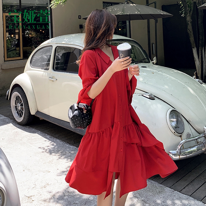 Pregnancy Ocean Clothing Online Red Fashion Medium Long Version Shirt Foreign Pie Out Large Size Loose Horn Cuff Breastfeeding Long Skirt