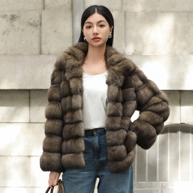 Bello Fur S22527 Original Color 4+ Starry Russian Sable Fur Stand Collar Warm Thick Coat for Women