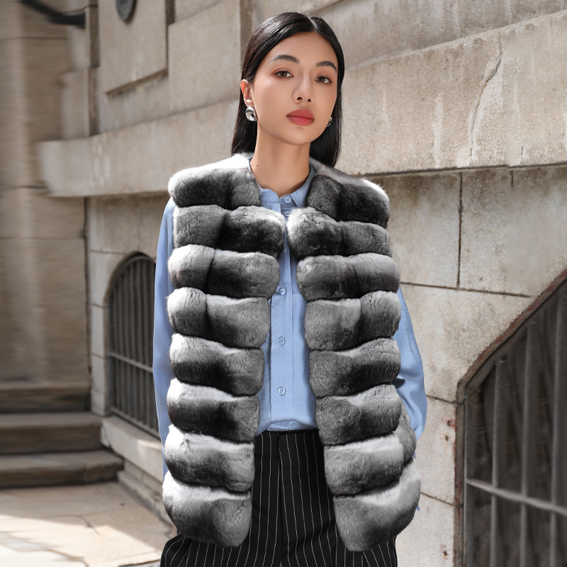 Bello Fur C22506 Original Color 3Xd Blue Purple Chinchilla Fur V-Neck Versatile Comfortable Warm Vest for Women