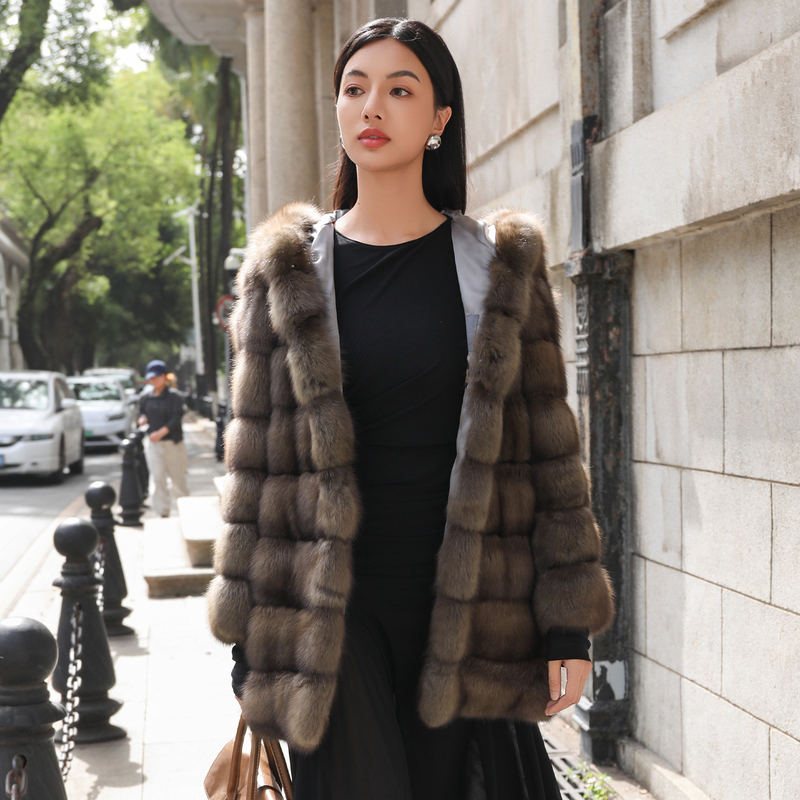 Bello Fur S22577 Russian Sable Fur Mid-Length Hooded Versatile Commuter Warm Jacket for Women