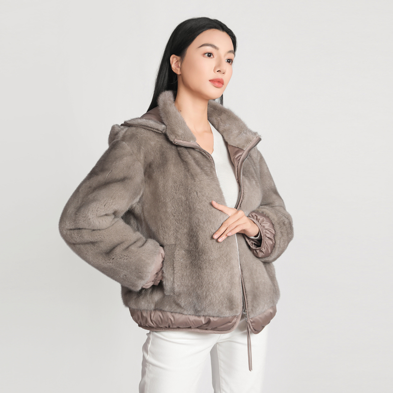Bello Fur M126335 Crown Grade Silver Blue Mink Spliced down Fabric Hooded Fur Coat for Women