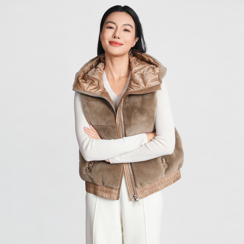 Bello Fur M126326 Crown Grade Light Brown Mink down Double Warmth Autumn and Winter Hooded Vest Jacket