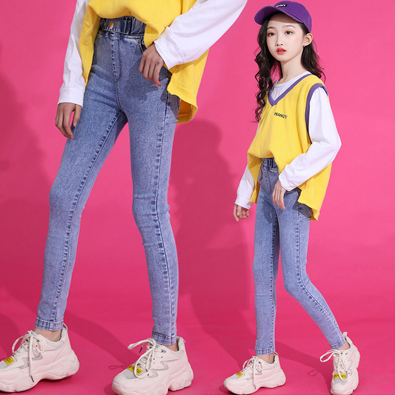 Girl Jeans Spring Autumn CUHK Children's Clothing Body Elastic Small Foot Long Pants Korean Version Children Cotton Pencil Pants External Wear