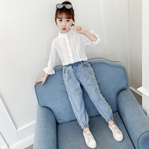Girls Long Sleeve Shirt Girl Autumn White Shirt Korean version of Chinese Childrens Clothing Spring and Autumn Thin Cotton Top