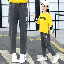 Childrens clothing girls pants in the big children cotton ball jeans Spring and autumn childrens foreign relaxed casual trousers elastic tide