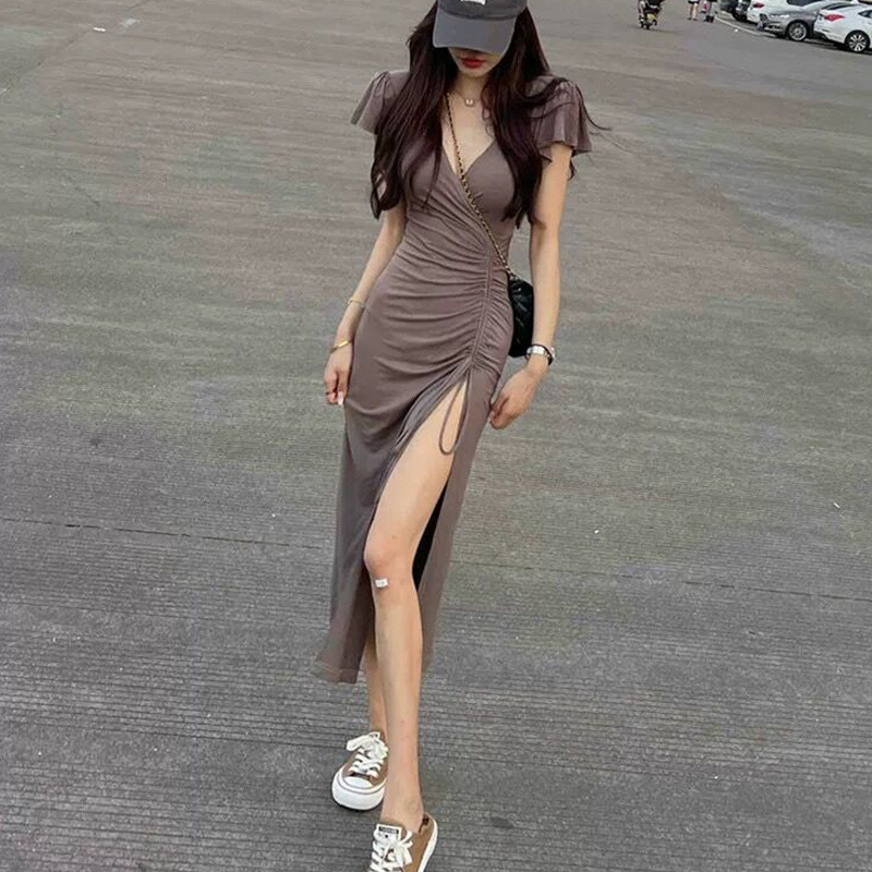 Hepburn-Style Sexy V-Neck Slit Dress for Women, 2026 Summer New Drawstring Slimming Modal Little Black Dress