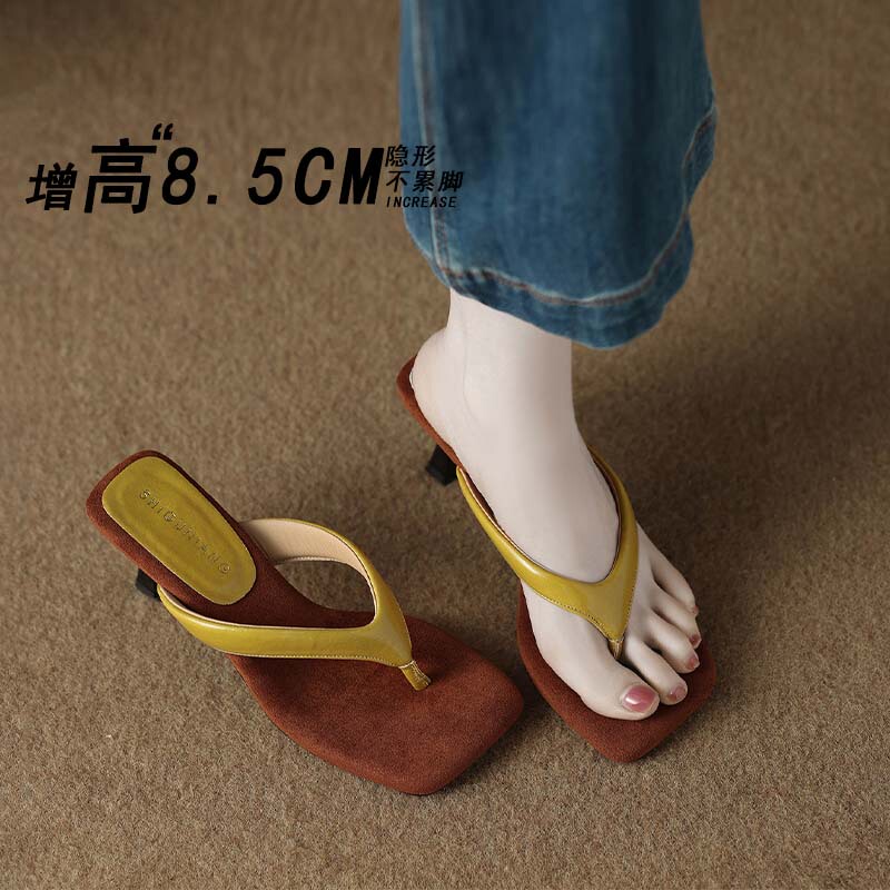 Genuine Leather Yellow Flip-Flops for Women, Summer Outdoor Wear, 2026 New Style, Square Toe, Thong-Style, Thin Heel, Height-Increasing Beach High-Heeled Sandals