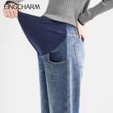 Демисезонные джинсы для беременных, весенние осенние утепленные штаны, большой размер, свободный прямой крой