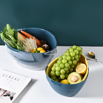 Double Layer Home Kitchen Wash Vegetable Basin Drain Basket Wash Vegetable Basket Living Room Fruit Pan Transparent Wash Fruit Vegetable God