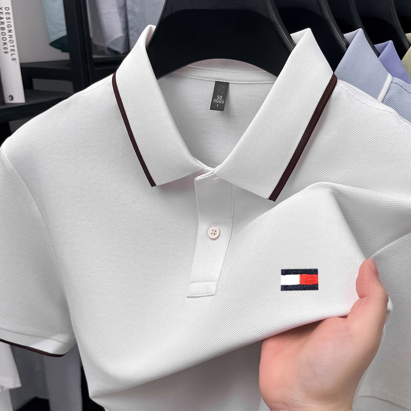 Tommy Solid Color Men's Short-Sleeved Lapel Polo Shirt, Summer Classic Pique Cotton Business Casual T-Shirt Men's Top