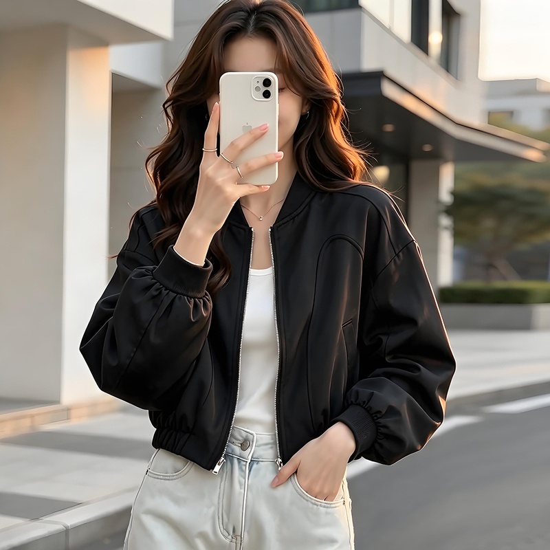 Casual Black Short Baseball Jacket for Women, Loose Lantern Sleeves, Petite, Age-Reducing, Versatile Jacket Top, Trendy